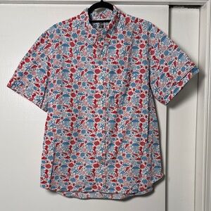 Men's Short-Sleeve Button-Down Shirt in White with Red & Blue Print